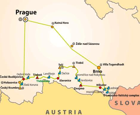 Kaart met UNESCO fietsroute Tsjechië